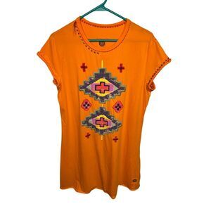 Double D Ranch Women's Orange Southwestern Graphic T-Shirt Dress Size L Casual